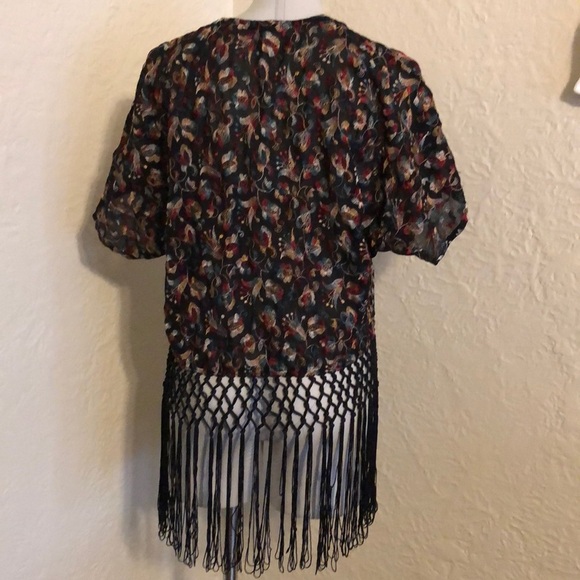 Forever 21 Embroidered Fringed Kimono Black Red Blue Wrap Swim Cover Up - Picture 5 of 10